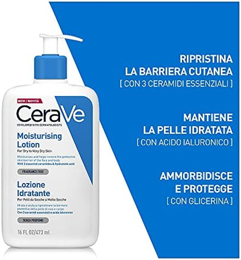 Cerave Kit Corpo E Viaggio, Lozione Idratante Viso E Corpo, per Pelle Secca, Con Acido Ialuronico 473 Ml + Detergente Idratante Viso Da Viaggio, per Pelli Da Normali a Secche, 20 Ml