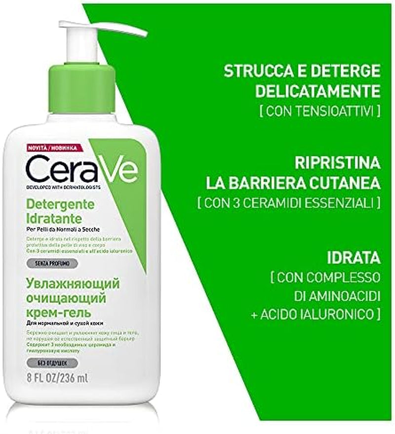 Cerave Kit Corpo E Viaggio, Lozione Idratante Viso E Corpo, per Pelle Secca, Con Acido Ialuronico 473 Ml + Detergente Idratante Viso Da Viaggio, per Pelli Da Normali a Secche, 20 Ml