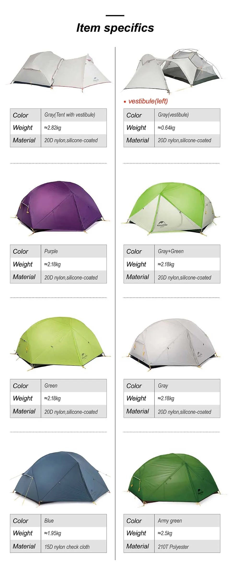 Tenda da campeggio Naturehike Cloud Up per 1, 2, 3 persone, tenda ultraleggera impermeabile, tende da trekking, rifugio per escursioni e campeggio, tenda da viaggio