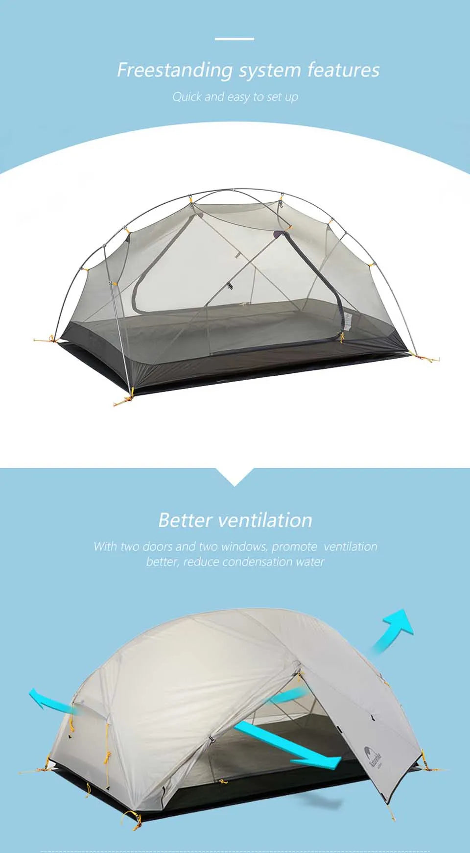 Tenda da campeggio Naturehike Cloud Up per 1, 2, 3 persone, tenda ultraleggera impermeabile, tende da trekking, rifugio per escursioni e campeggio, tenda da viaggio