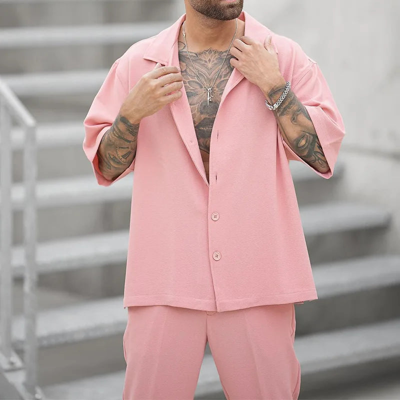 Set estivo alla moda composto da camicia e pantaloni, completo da uomo a due pezzi, nuova tendenza, abito da uomo a tinta unita, rosa, taglia grande, felpe, abbigliamento uomo.