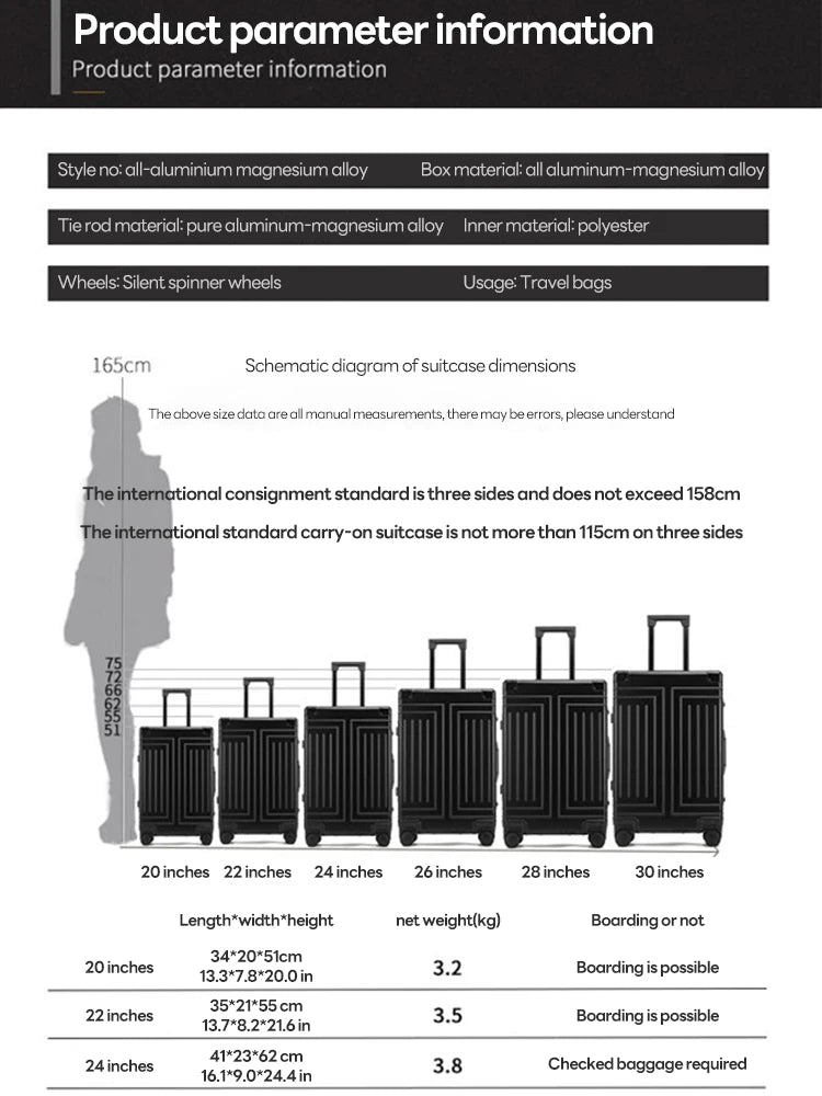 Valigia da viaggio in lega di alluminio-magnesium al 100%, con ruote, 20/24/28 pollici, trolley, valigia da cabina.