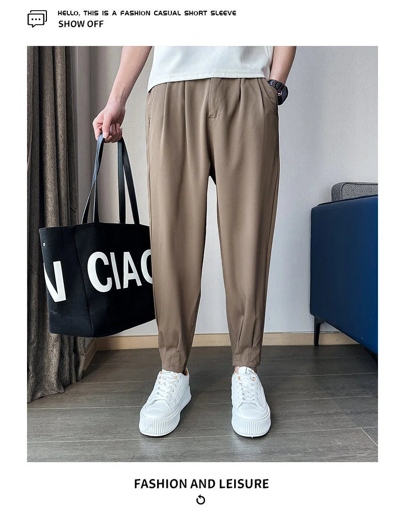 Pantaloni casual primavera/estate a tinta unita per uomo, pantaloni in seta ghiacciata, stile coreano, pantaloni eleganti con cerniera sulla caviglia, pantaloni per uomo.