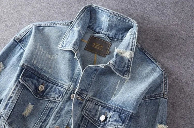 Giacca in denim da uomo vintage con stampa, giacca in jeans per uomo, con strappi e buchi, alta qualità al prezzo più basso, taglia L, modello casual Y2K, ampia.