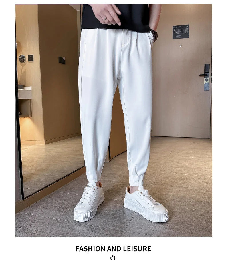 Pantaloni casual primavera/estate a tinta unita per uomo, pantaloni in seta ghiacciata, stile coreano, pantaloni eleganti con cerniera sulla caviglia, pantaloni per uomo.