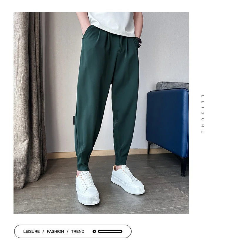 Pantaloni casual primavera/estate a tinta unita per uomo, pantaloni in seta ghiacciata, stile coreano, pantaloni eleganti con cerniera sulla caviglia, pantaloni per uomo.