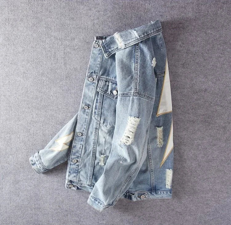 Giacca in denim da uomo vintage con stampa, giacca in jeans per uomo, con strappi e buchi, alta qualità al prezzo più basso, taglia L, modello casual Y2K, ampia.