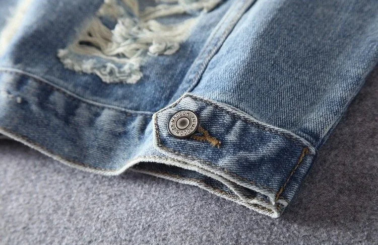 Giacca in denim da uomo vintage con stampa, giacca in jeans per uomo, con strappi e buchi, alta qualità al prezzo più basso, taglia L, modello casual Y2K, ampia.