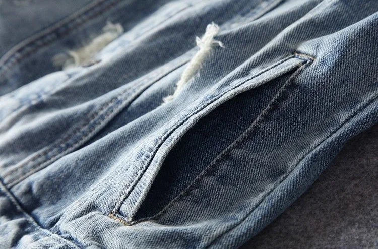 Giacca in denim da uomo vintage con stampa, giacca in jeans per uomo, con strappi e buchi, alta qualità al prezzo più basso, taglia L, modello casual Y2K, ampia.