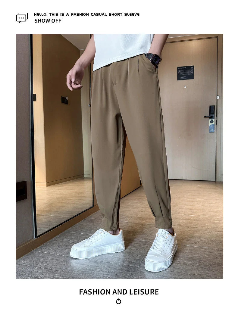 Pantaloni casual primavera/estate a tinta unita per uomo, pantaloni in seta ghiacciata, stile coreano, pantaloni eleganti con cerniera sulla caviglia, pantaloni per uomo.