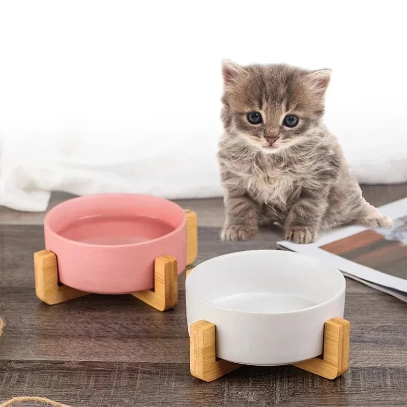 Ciotola per Animali in Ceramica con Supporto in Legno, Ciotola Doppia Ceramica Anti-Trabocco per Cibo e Acqua per Cani e Gatti, Ciotola per Piccoli Cani e Gatti.