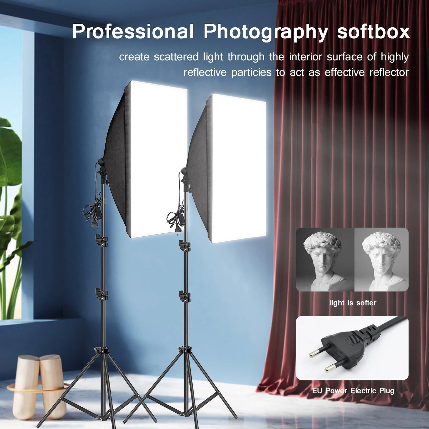 Softbox professionale per fotografia con treppiede e lampadina fotografica E27, sistema di luce continua per studio fotografico.