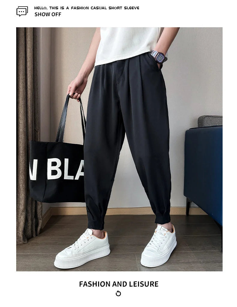 Pantaloni casual primavera/estate a tinta unita per uomo, pantaloni in seta ghiacciata, stile coreano, pantaloni eleganti con cerniera sulla caviglia, pantaloni per uomo.