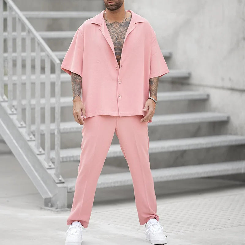 Set estivo alla moda composto da camicia e pantaloni, completo da uomo a due pezzi, nuova tendenza, abito da uomo a tinta unita, rosa, taglia grande, felpe, abbigliamento uomo.