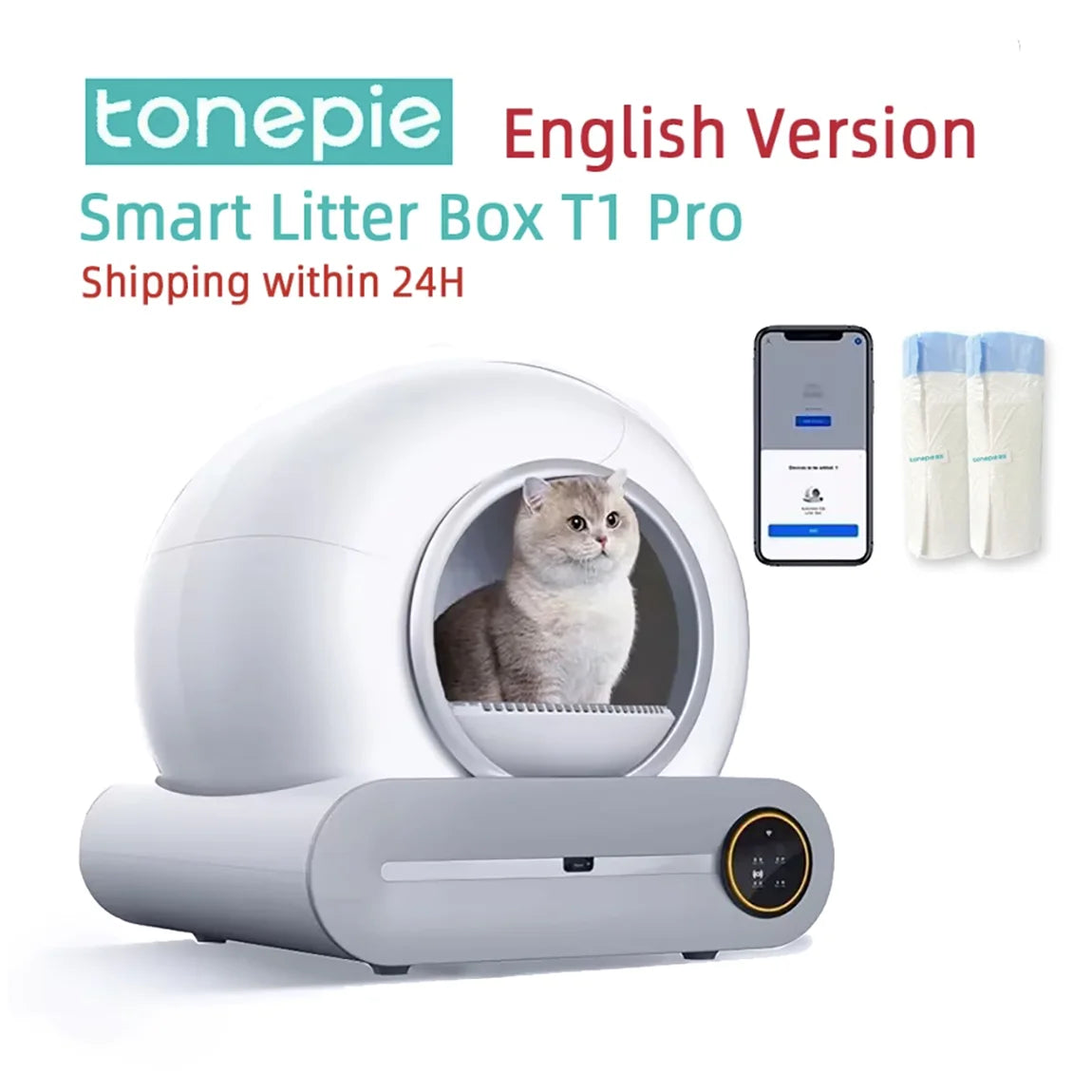 Tonepie 65L Cassetta per lettiera automatica intelligente per gatti, autolavante, completamente chiusa, toilette per animali, vassoio per lettiera, versioni in inglese.