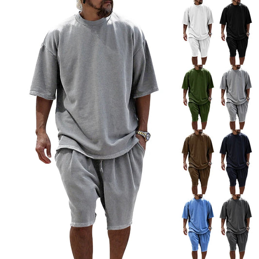 "Set estivo 2024 nuovo per uomo, stile giapponese, taglia grande, abbigliamento casual e comodo, completo sportivo, t-shirt a maniche corte e pantaloncini, abbigliamento maschile a due pezzi."