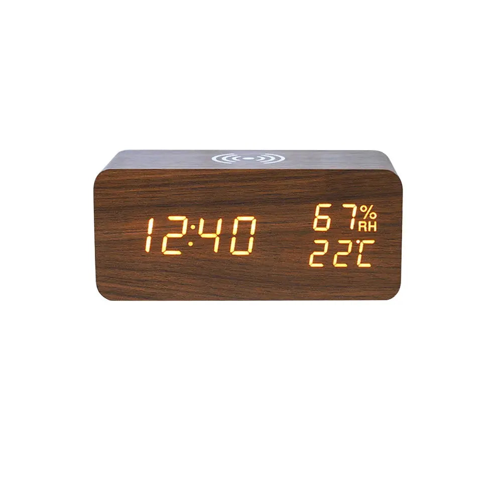 Orologio digitale in legno con ricarica wireless, display LED, termometro, orologio con umidità per scrivania, piccolo orologio da sveglia.