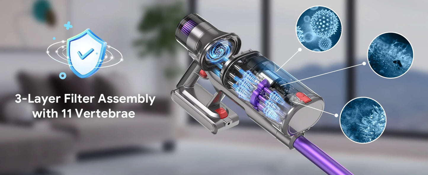 "Scopa Elettrica Senza Filo 580W/45Kpa, Aspirapolvere Ricaricabile Versatile a Mano con Autonomia Fino a 65 Minuti, Sistema di Filtrazione a 9 Strati"