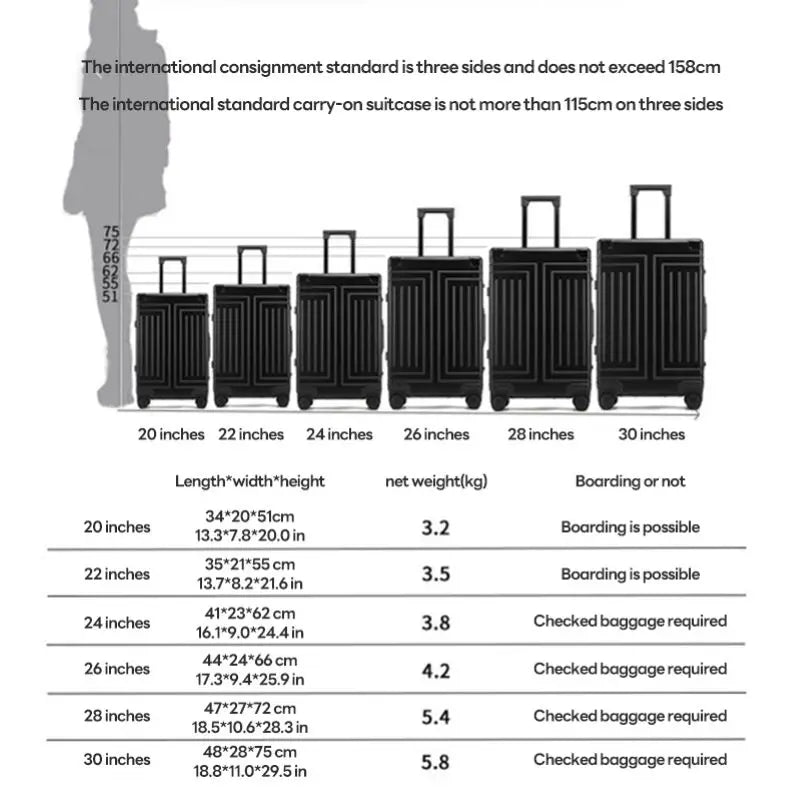 Valigia da viaggio in lega di alluminio-magnesium al 100%, con ruote, 20/24/28 pollici, trolley, valigia da cabina.