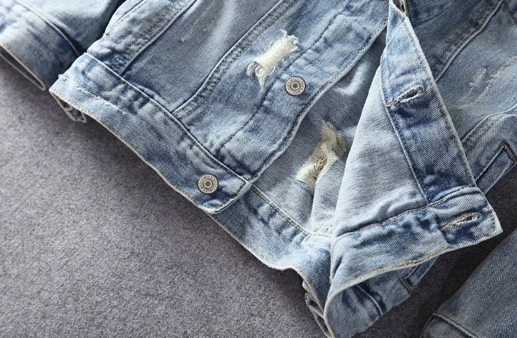 Giacca in denim da uomo vintage con stampa, giacca in jeans per uomo, con strappi e buchi, alta qualità al prezzo più basso, taglia L, modello casual Y2K, ampia.