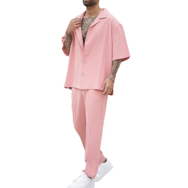 Set estivo alla moda composto da camicia e pantaloni, completo da uomo a due pezzi, nuova tendenza, abito da uomo a tinta unita, rosa, taglia grande, felpe, abbigliamento uomo.