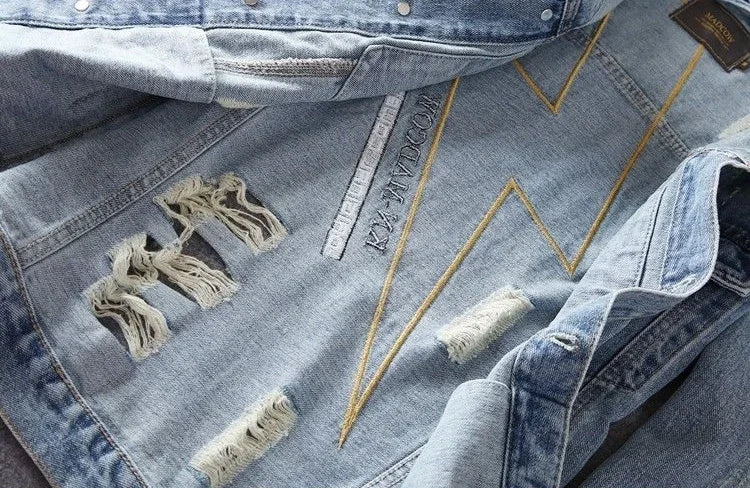 Giacca in denim da uomo vintage con stampa, giacca in jeans per uomo, con strappi e buchi, alta qualità al prezzo più basso, taglia L, modello casual Y2K, ampia.