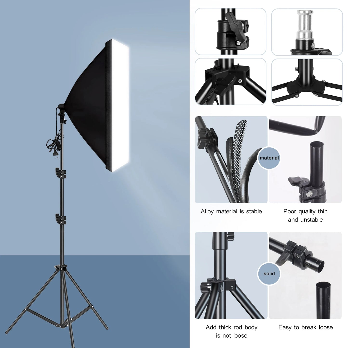 Softbox professionale per fotografia con treppiede e lampadina fotografica E27, sistema di luce continua per studio fotografico.