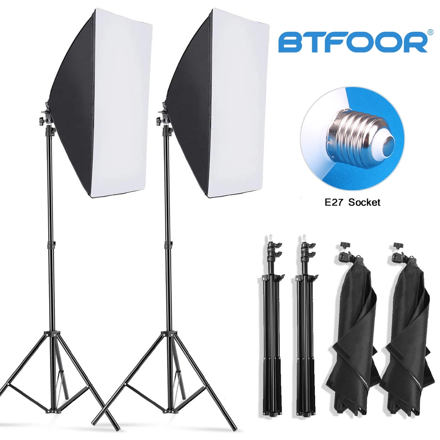 Softbox professionale per fotografia con treppiede e lampadina fotografica E27, sistema di luce continua per studio fotografico.