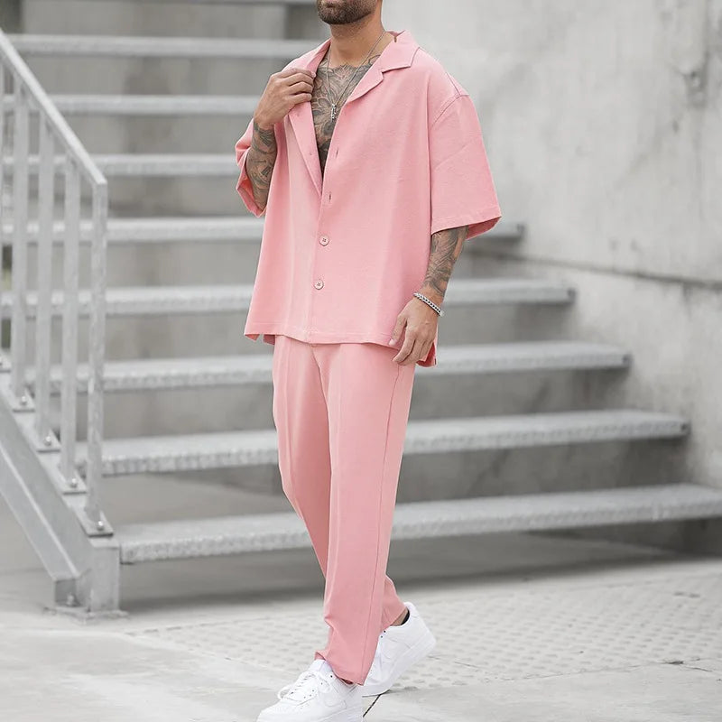 Set estivo alla moda composto da camicia e pantaloni, completo da uomo a due pezzi, nuova tendenza, abito da uomo a tinta unita, rosa, taglia grande, felpe, abbigliamento uomo.