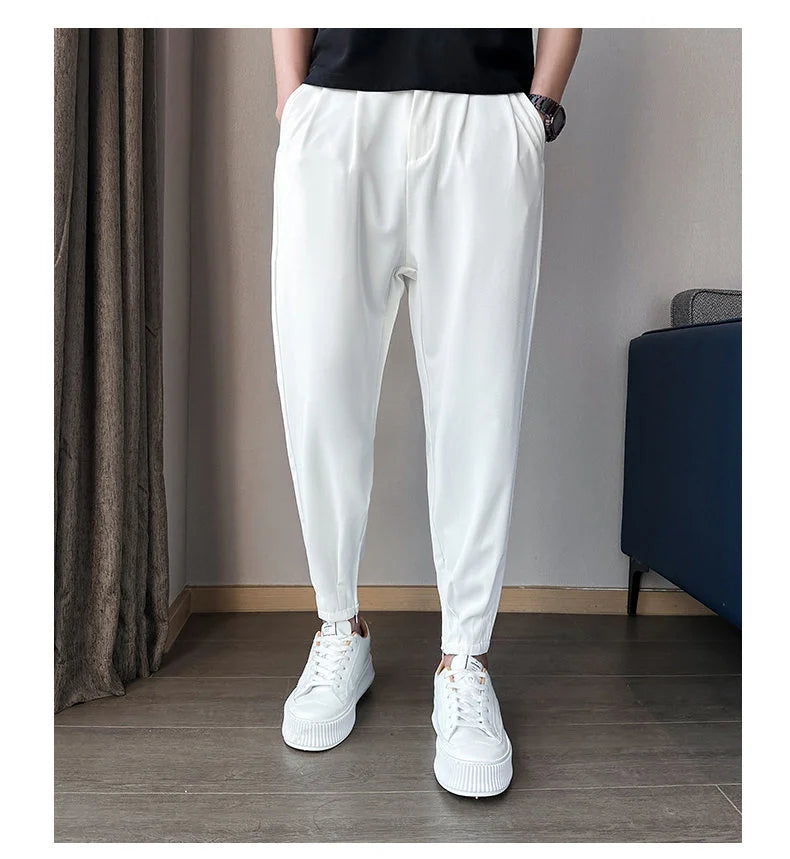 Pantaloni casual primavera/estate a tinta unita per uomo, pantaloni in seta ghiacciata, stile coreano, pantaloni eleganti con cerniera sulla caviglia, pantaloni per uomo.