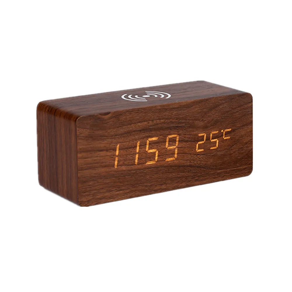 Orologio digitale in legno con ricarica wireless, display LED, termometro, orologio con umidità per scrivania, piccolo orologio da sveglia.