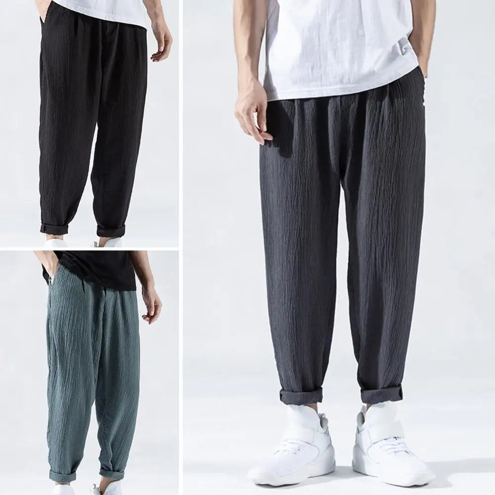 Pantaloni da uomo in cotone e lino larghi in stile giapponese, nuovi pantaloni in lino traspiranti per l'estate, pantaloni a tinta unita, streetwear fitness, taglia plus M-3XL.