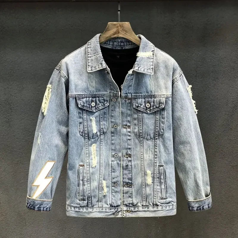 Giacca in denim da uomo vintage con stampa, giacca in jeans per uomo, con strappi e buchi, alta qualità al prezzo più basso, taglia L, modello casual Y2K, ampia.