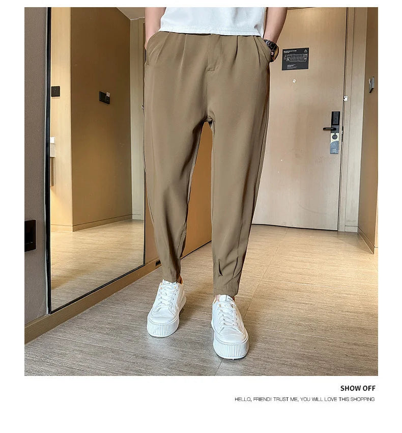 Pantaloni casual primavera/estate a tinta unita per uomo, pantaloni in seta ghiacciata, stile coreano, pantaloni eleganti con cerniera sulla caviglia, pantaloni per uomo.