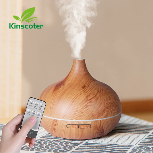 Diffusore di oli essenziali per aromaterapia da 500 ml di alta qualità, con effetto legno, controllo remoto, umidificatore ad ultrasuoni con luce a 7 colori.