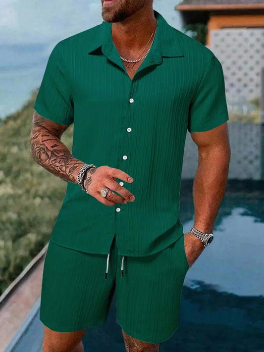 Nuovo completo sportivo primavera/estate da uomo, polo casual a tinta unita, pantaloncini larghi con coulisse, cardigan a strisce e maglietta a maniche corte.