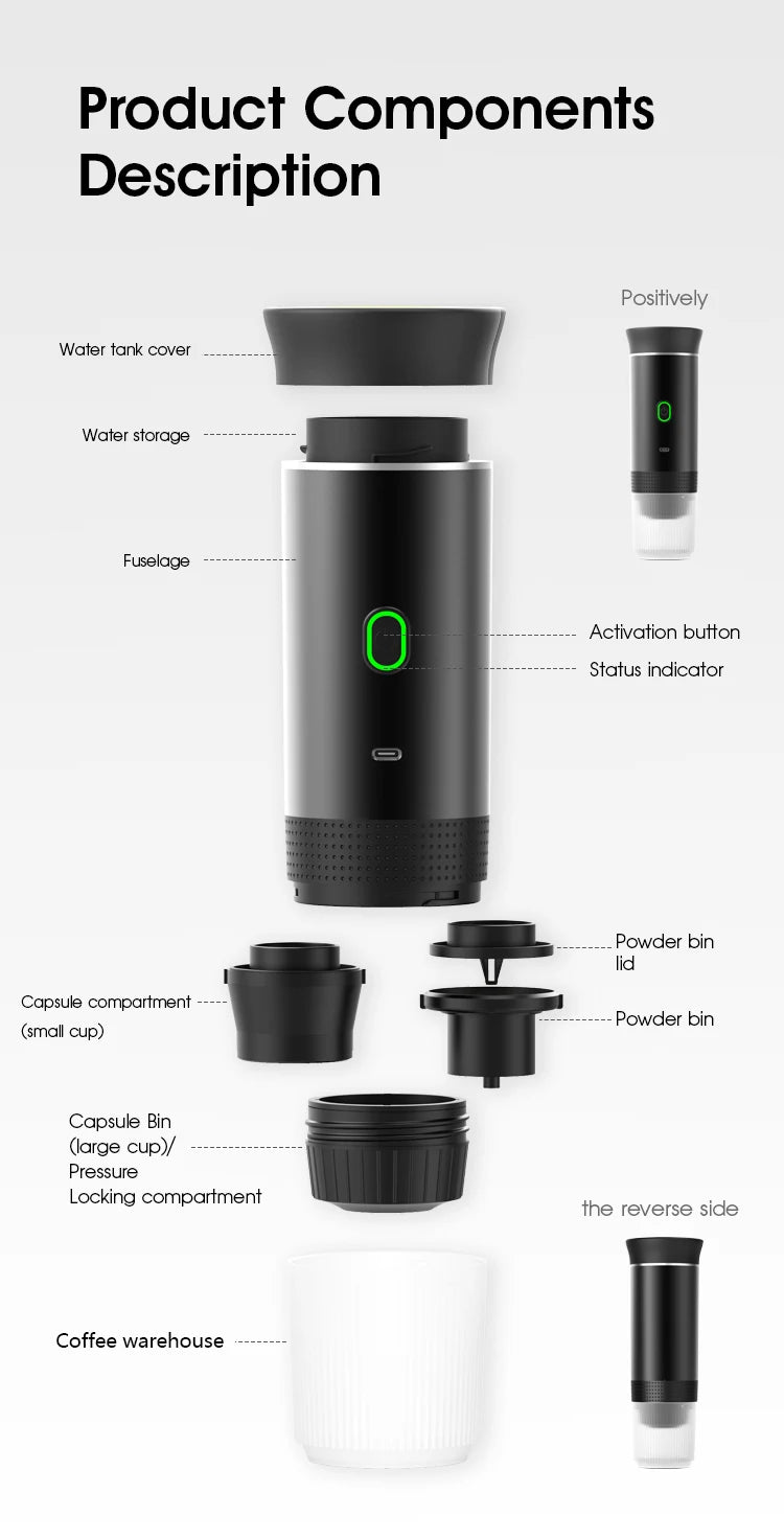 Macchina da caffè portatile senza fili, macchina per espresso per auto, casa e campeggio, macchina per caffè 3-in-1 con capsule e polvere, macchina da caffè da viaggio