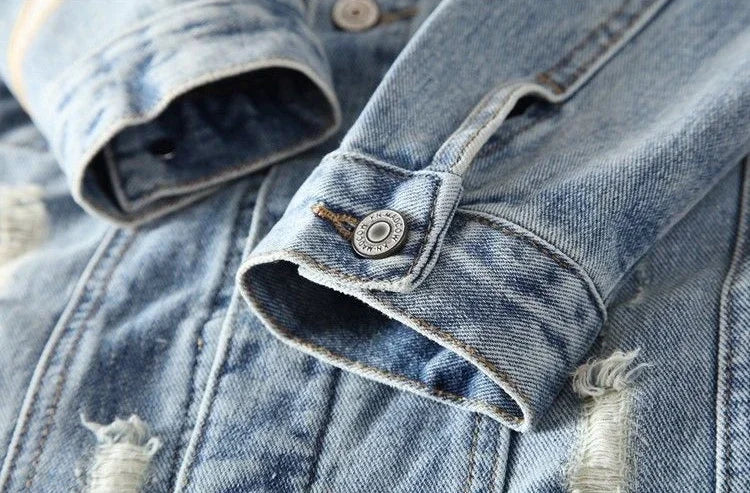 Giacca in denim da uomo vintage con stampa, giacca in jeans per uomo, con strappi e buchi, alta qualità al prezzo più basso, taglia L, modello casual Y2K, ampia.