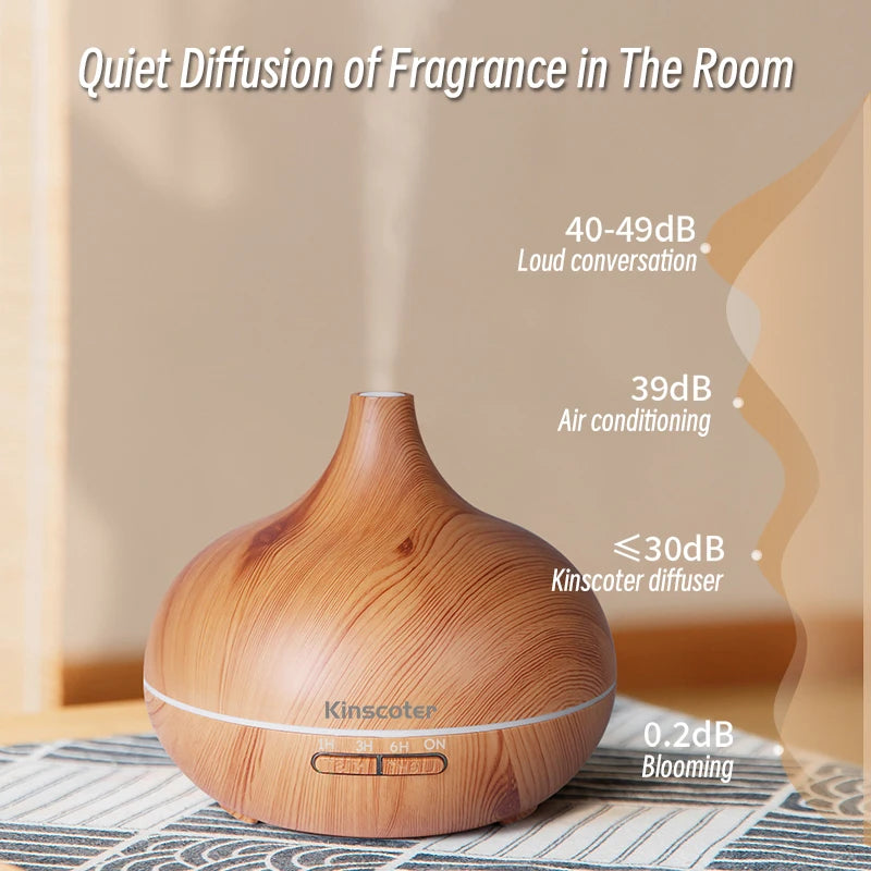 Diffusore di oli essenziali per aromaterapia da 500 ml di alta qualità, con effetto legno, controllo remoto, umidificatore ad ultrasuoni con luce a 7 colori.