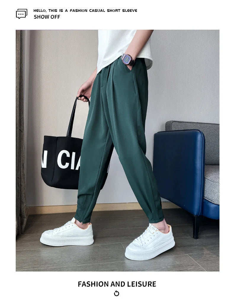 Pantaloni casual primavera/estate a tinta unita per uomo, pantaloni in seta ghiacciata, stile coreano, pantaloni eleganti con cerniera sulla caviglia, pantaloni per uomo.