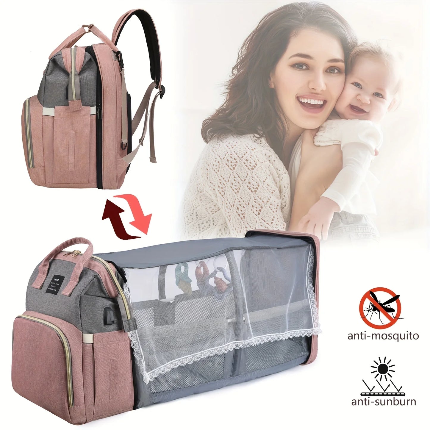 Borsa da Mamma Leggera e Portatile con Lettino Pieghevole, Borsa da Viaggio Maternità a Grande Capacità, Zaino per Neonati, Borsa da Mamma per Uscite Femminili