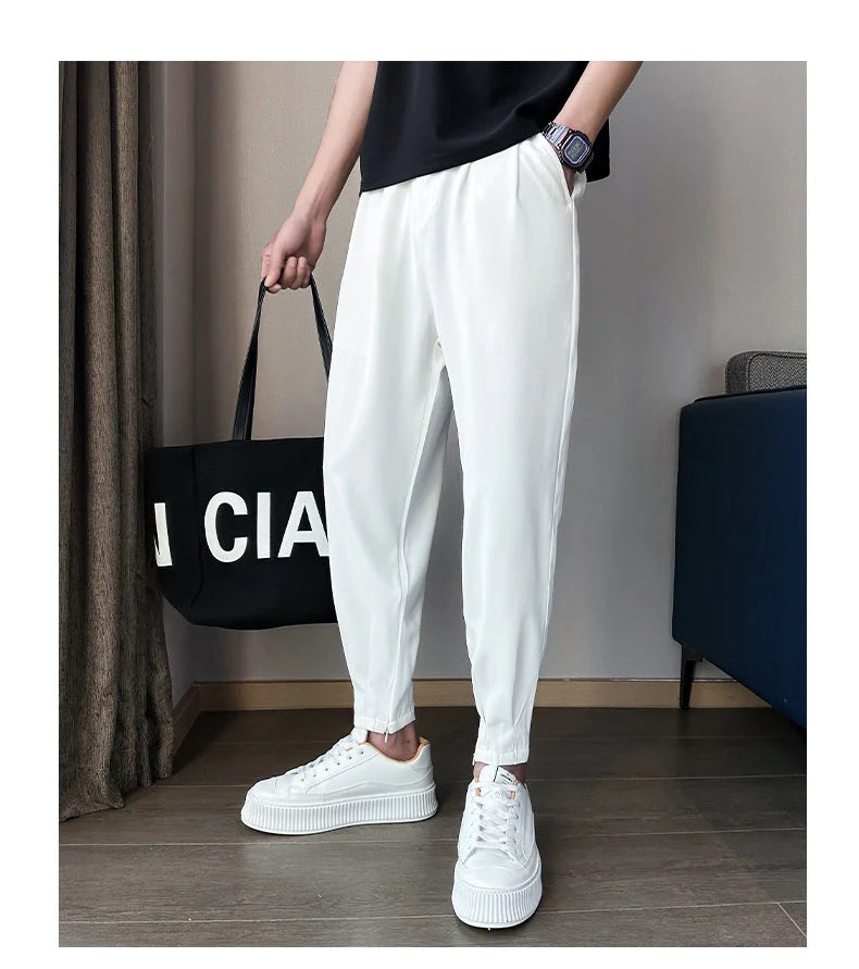 Pantaloni casual primavera/estate a tinta unita per uomo, pantaloni in seta ghiacciata, stile coreano, pantaloni eleganti con cerniera sulla caviglia, pantaloni per uomo.