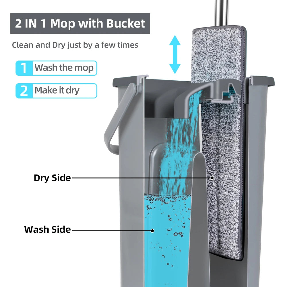 Set di Mop a Mano Libera con Secchio per Sistema di Pulizia Professionale del Pavimento per la Casa, con Panni in Microfibra Lavabili per Pavimenti in Legno.