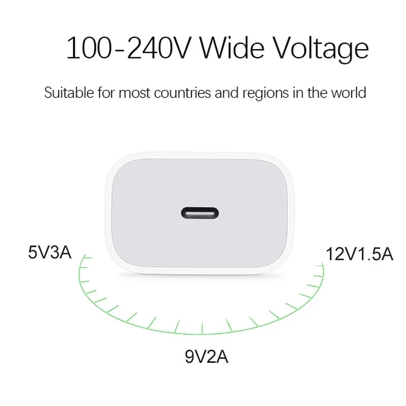 Adattatore di Alimentazione USB-C Originale da 20W per iPhone 16 15 14 13 Mini Pro Max, Caricabatterie rapido Type C per Apple, Cavo per iPhone X 11 12 Plus.