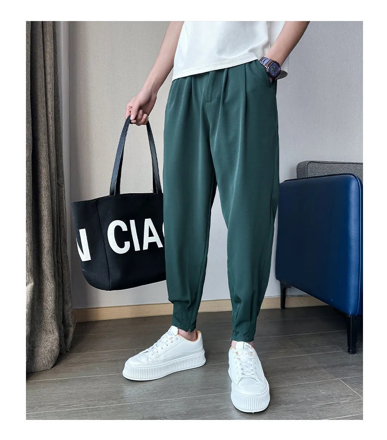 Pantaloni casual primavera/estate a tinta unita per uomo, pantaloni in seta ghiacciata, stile coreano, pantaloni eleganti con cerniera sulla caviglia, pantaloni per uomo.