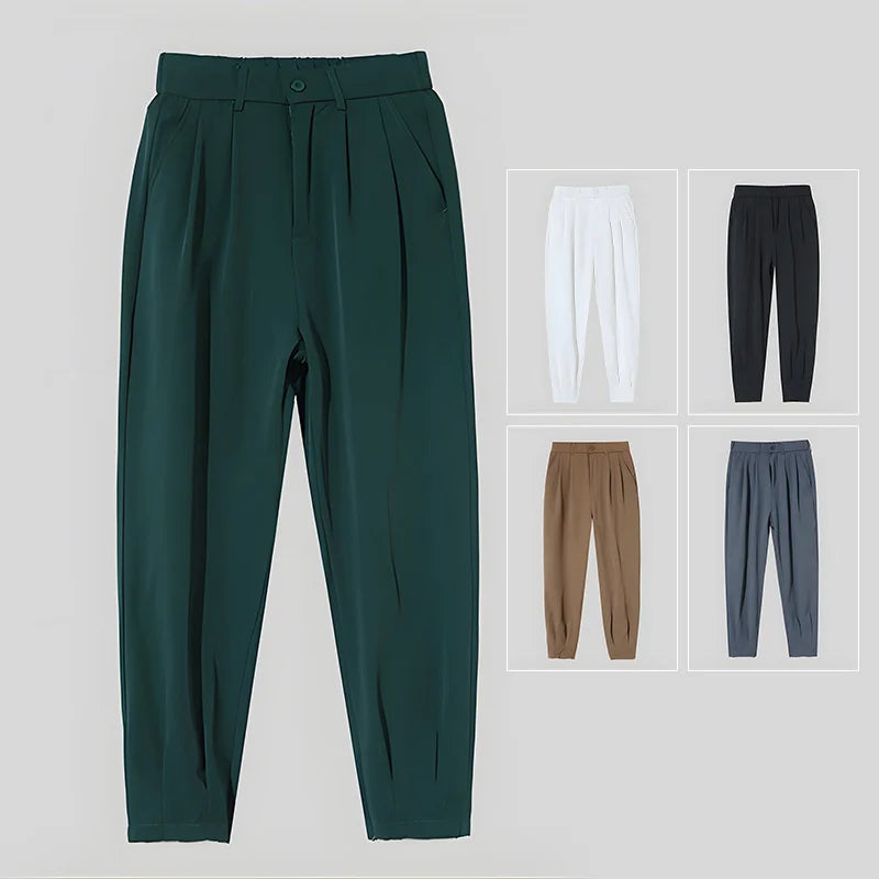 Pantaloni casual primavera/estate a tinta unita per uomo, pantaloni in seta ghiacciata, stile coreano, pantaloni eleganti con cerniera sulla caviglia, pantaloni per uomo.