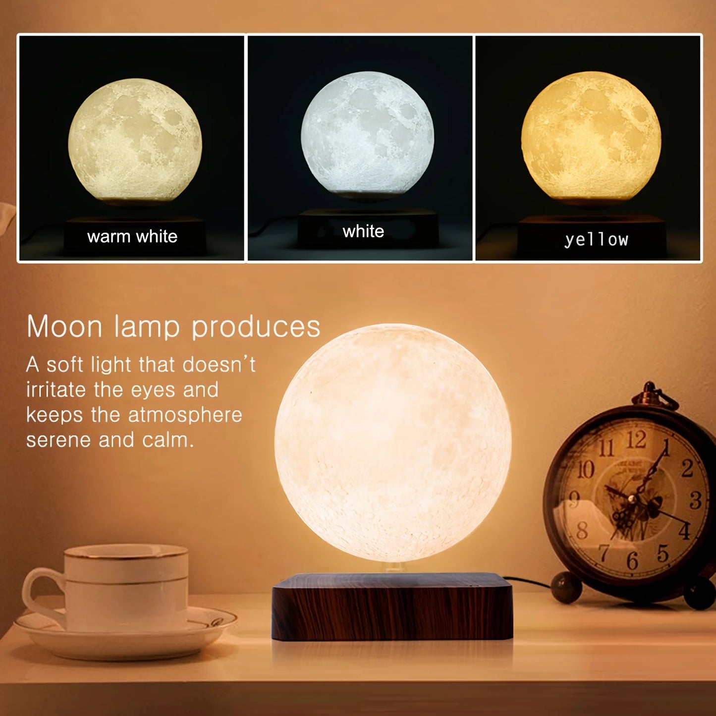 Luce notturna magnetica che levita con luna flottante, 3 temperature di colore, lampada 3D creativa con base in legno per regalo ufficio.