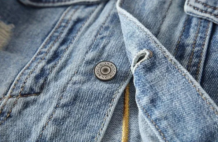 Giacca in denim da uomo vintage con stampa, giacca in jeans per uomo, con strappi e buchi, alta qualità al prezzo più basso, taglia L, modello casual Y2K, ampia.