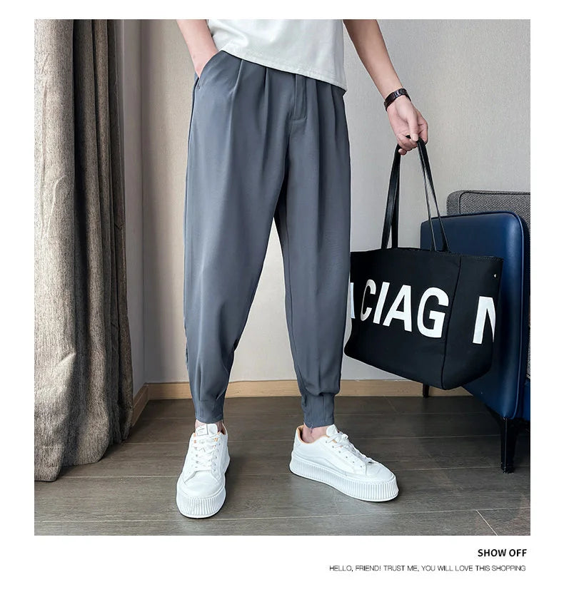 Pantaloni casual primavera/estate a tinta unita per uomo, pantaloni in seta ghiacciata, stile coreano, pantaloni eleganti con cerniera sulla caviglia, pantaloni per uomo.