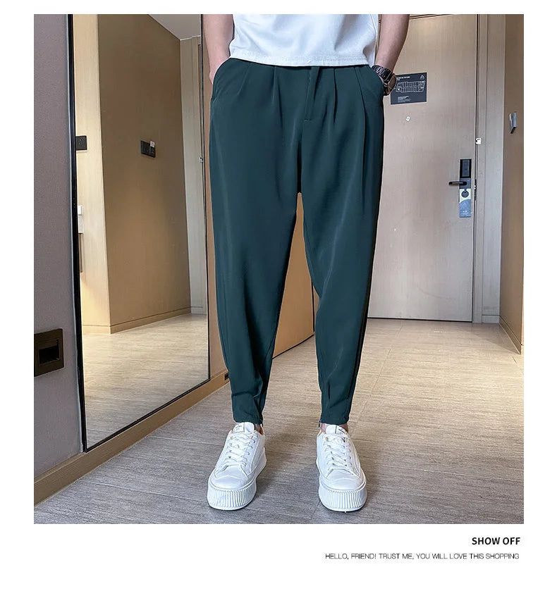 Pantaloni casual primavera/estate a tinta unita per uomo, pantaloni in seta ghiacciata, stile coreano, pantaloni eleganti con cerniera sulla caviglia, pantaloni per uomo.